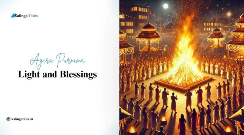 Agira Purnima festival in Odisha – Devotees gather around a grand bonfire, celebrating the fire god Agni Dev with prayers and rituals under the full moon.