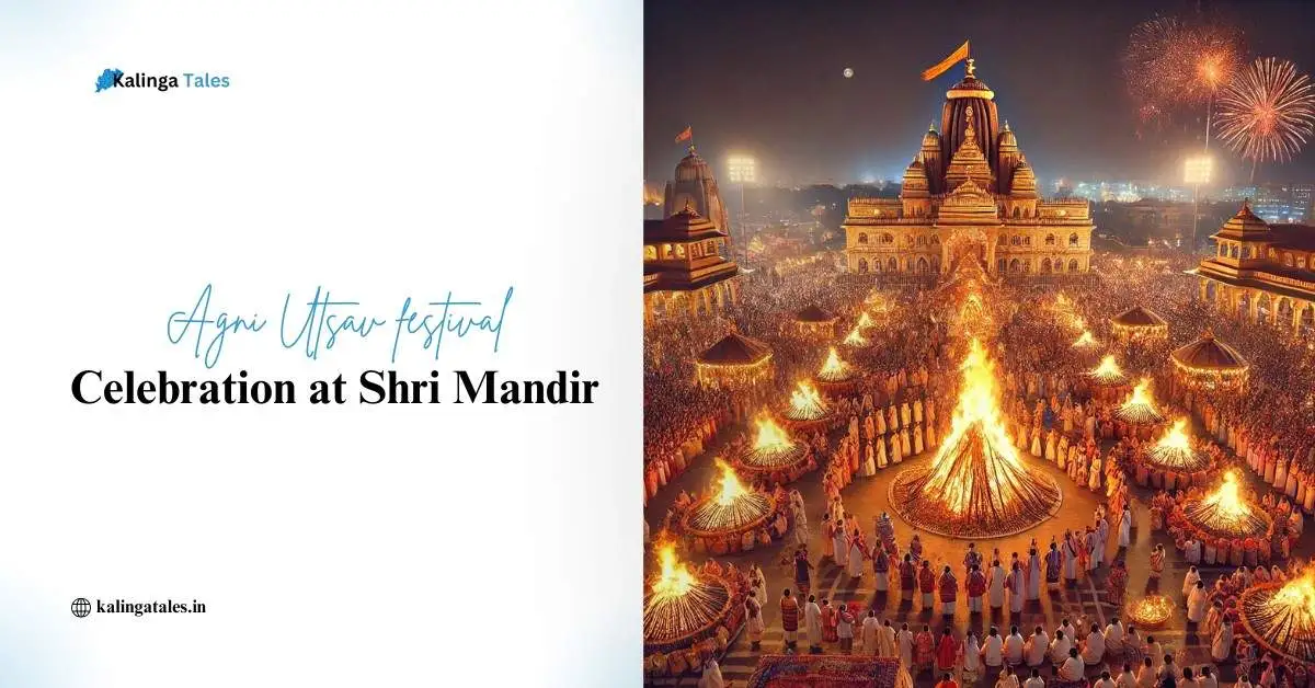 Grand celebration of Agni Utsav festival at Shri Mandir, Puri, with massive fire rituals, devotees, and festive lights honoring the Vedic fire god Agni.