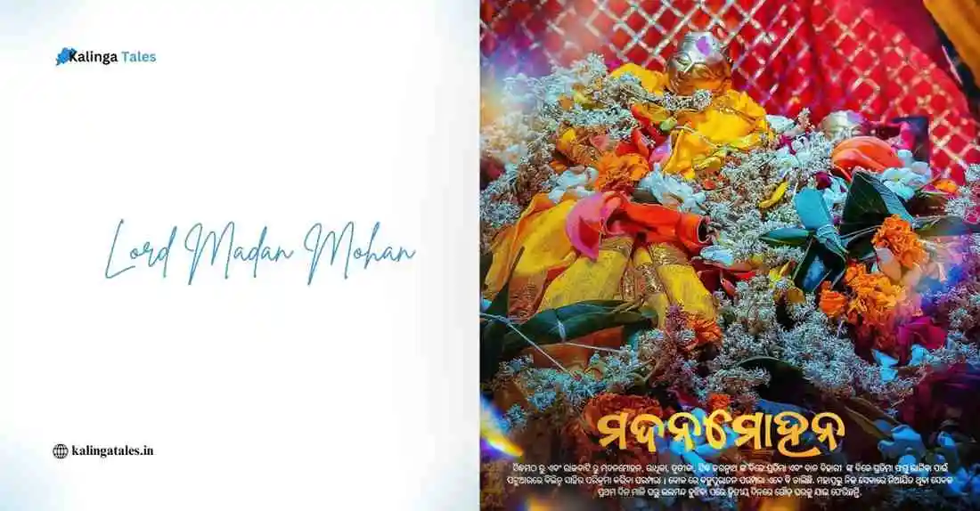 Lord Madan Mohan idol decorated with flowers and ornaments during a Hindu festival in Odisha, symbolizing devotion and spiritual significance